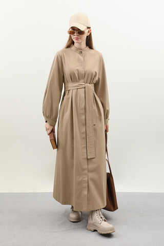 Kuşaklı Gabardin Elbise Vizon - 5