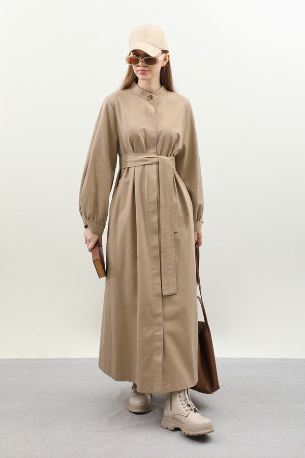 Kuşaklı Gabardin Elbise Vizon - 5