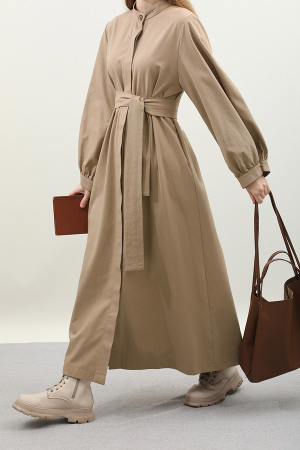 Kuşaklı Gabardin Elbise Vizon - 6