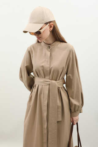 Kuşaklı Gabardin Elbise Vizon - 7