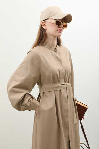 Kuşaklı Gabardin Elbise Vizon - 8