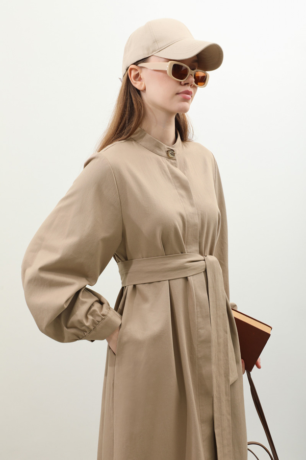 Kuşaklı Gabardin Elbise Vizon - 8