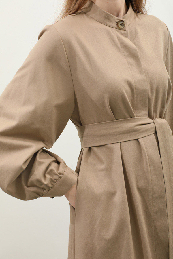 Kuşaklı Gabardin Elbise Vizon - 9