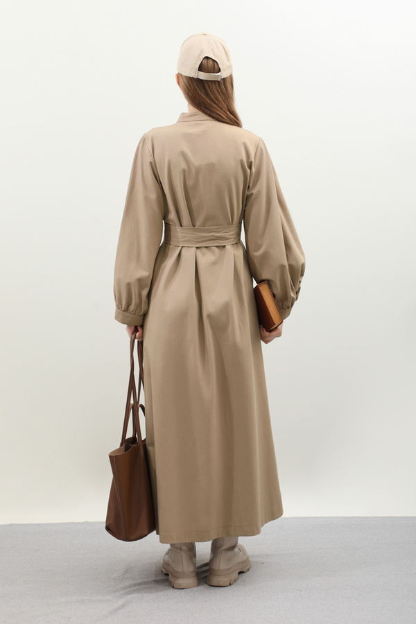 Kuşaklı Gabardin Elbise Vizon - 10