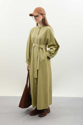 Kuşaklı Gabardin Elbise Yağ Yeşili - 5