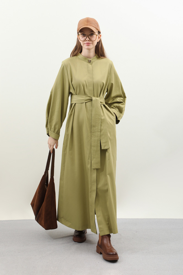 Kuşaklı Gabardin Elbise Yağ Yeşili - 4