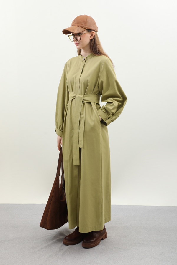 Kuşaklı Gabardin Elbise Yağ Yeşili - 5