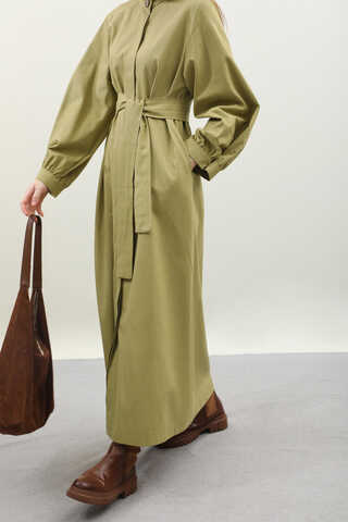 Kuşaklı Gabardin Elbise Yağ Yeşili - 6