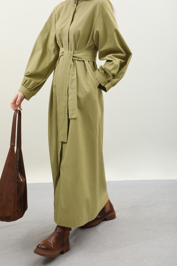 Kuşaklı Gabardin Elbise Yağ Yeşili - 6