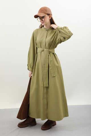 Kuşaklı Gabardin Elbise Yağ Yeşili - 1