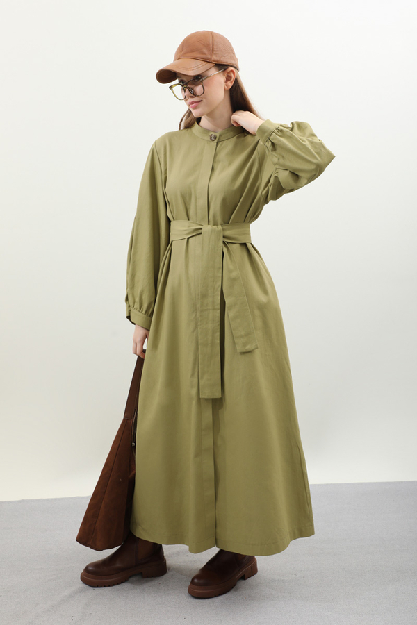 Kuşaklı Gabardin Elbise Yağ Yeşili - 1