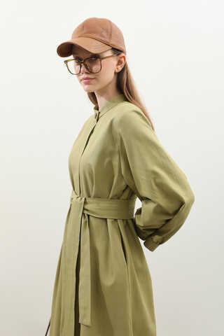 Kuşaklı Gabardin Elbise Yağ Yeşili - 7