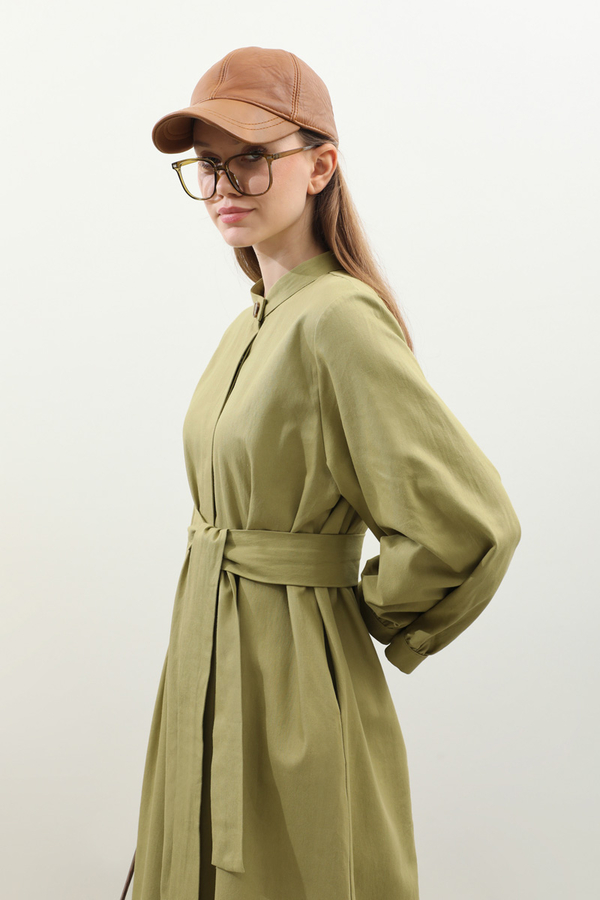 Kuşaklı Gabardin Elbise Yağ Yeşili - 7