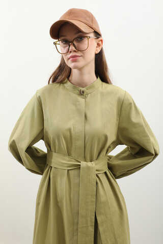 Kuşaklı Gabardin Elbise Yağ Yeşili - 8