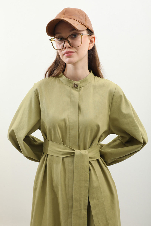 Kuşaklı Gabardin Elbise Yağ Yeşili - 8
