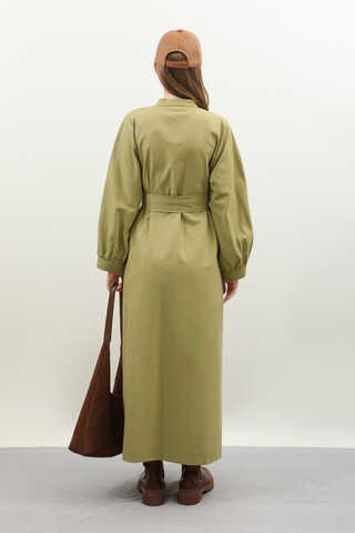 Kuşaklı Gabardin Elbise Yağ Yeşili - 9
