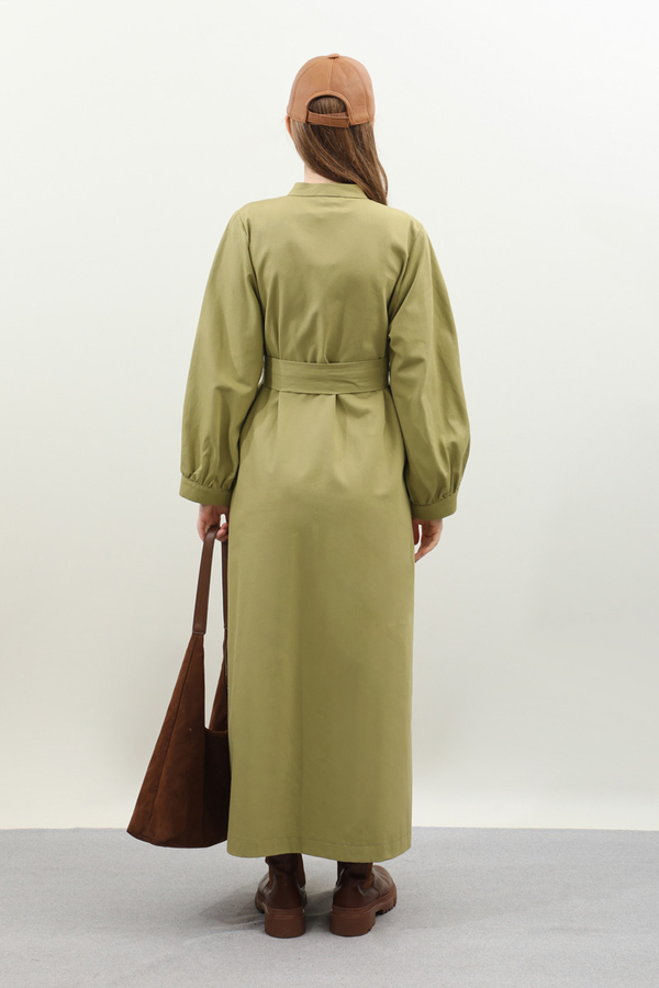 Kuşaklı Gabardin Elbise Yağ Yeşili - 9