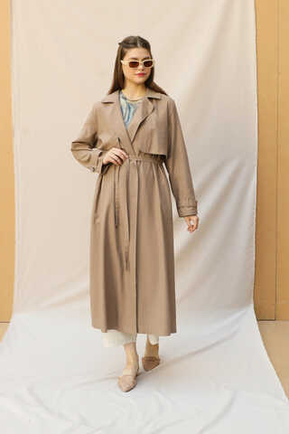 Kuşaklı Uzun Naturel Trençkot Camel - 1