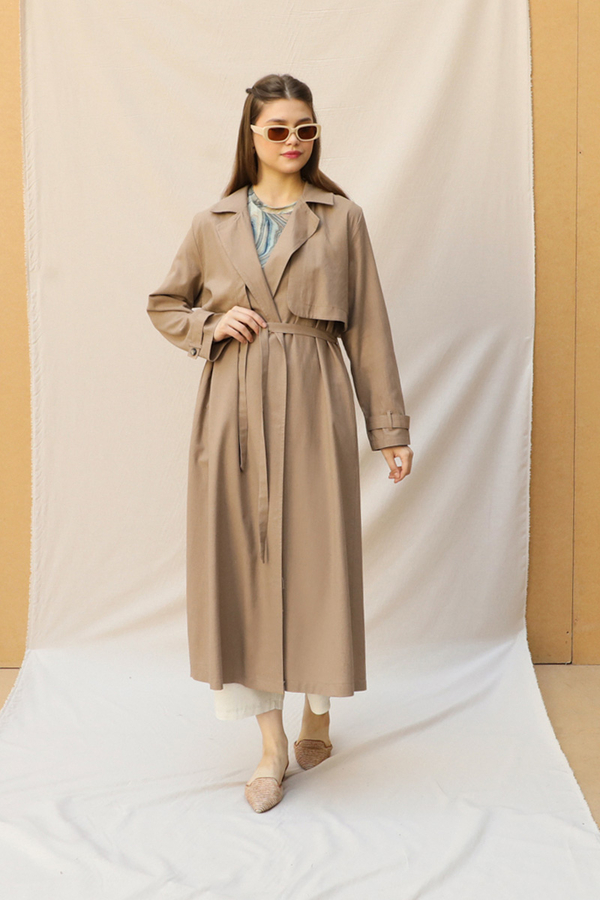 Kuşaklı Uzun Naturel Trençkot Camel - 1