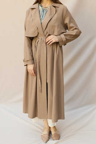 Kuşaklı Uzun Naturel Trençkot Camel - 6