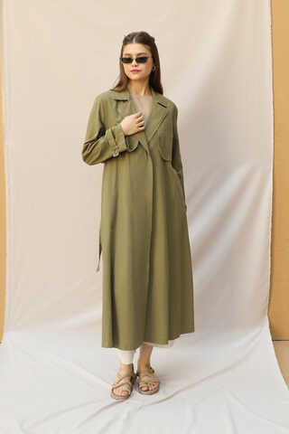 Kuşaklı Uzun Naturel Trençkot Haki - 2