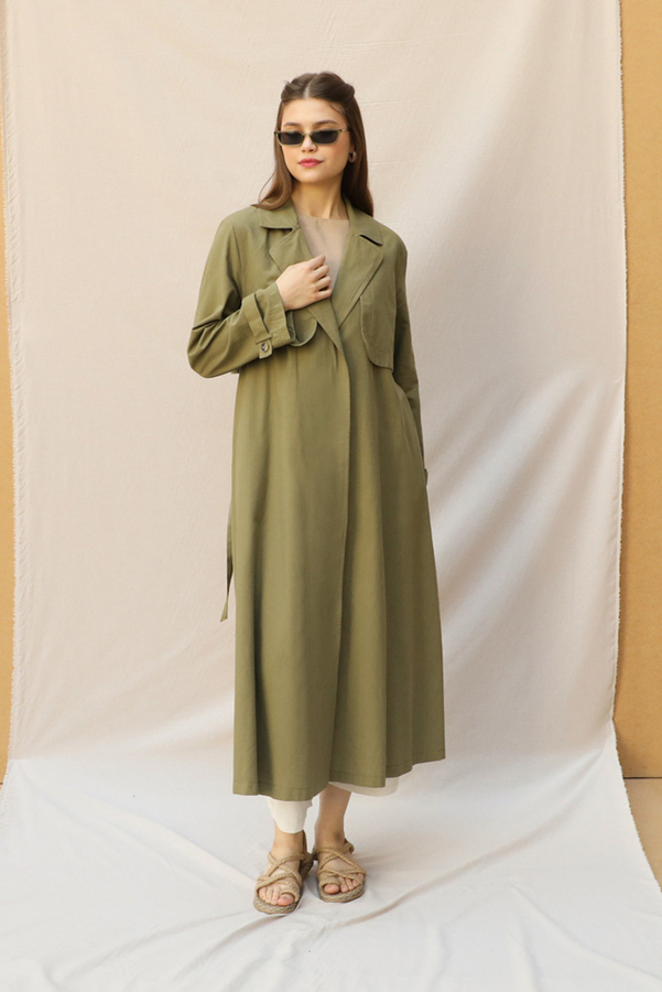 Kuşaklı Uzun Naturel Trençkot Haki - 2