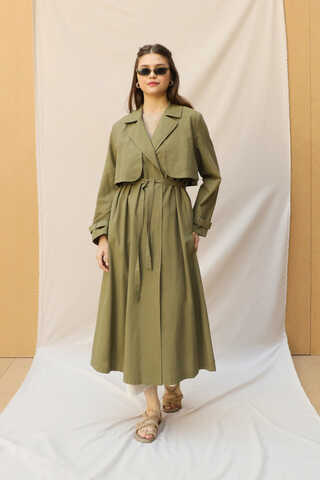 Kuşaklı Uzun Naturel Trençkot Haki - 3