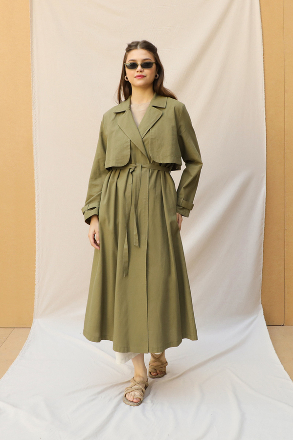 Kuşaklı Uzun Naturel Trençkot Haki - 3