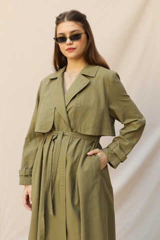 Kuşaklı Uzun Naturel Trençkot Haki - 4