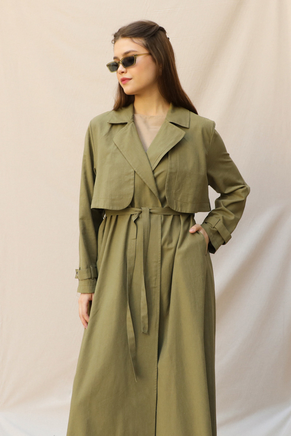 Kuşaklı Uzun Naturel Trençkot Haki - 5