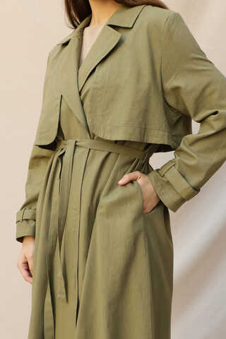 Kuşaklı Uzun Naturel Trençkot Haki - 1