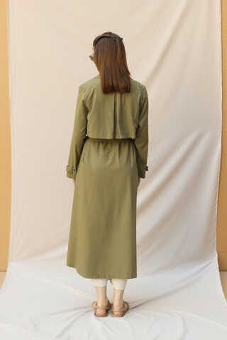 Kuşaklı Uzun Naturel Trençkot Haki - 6