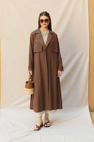Kuşaklı Uzun Naturel Trençkot Kahverengi - 2