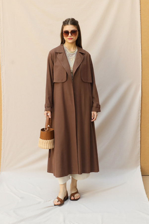 Kuşaklı Uzun Naturel Trençkot Kahverengi - 2