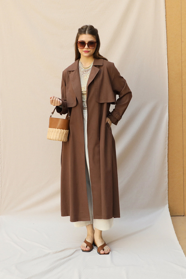 Kuşaklı Uzun Naturel Trençkot Kahverengi - 3