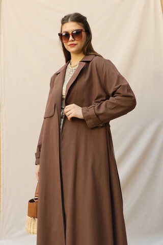 Kuşaklı Uzun Naturel Trençkot Kahverengi - 4