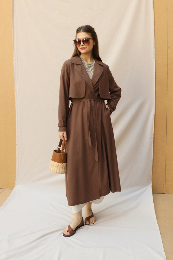 Kuşaklı Uzun Naturel Trençkot Kahverengi - 1
