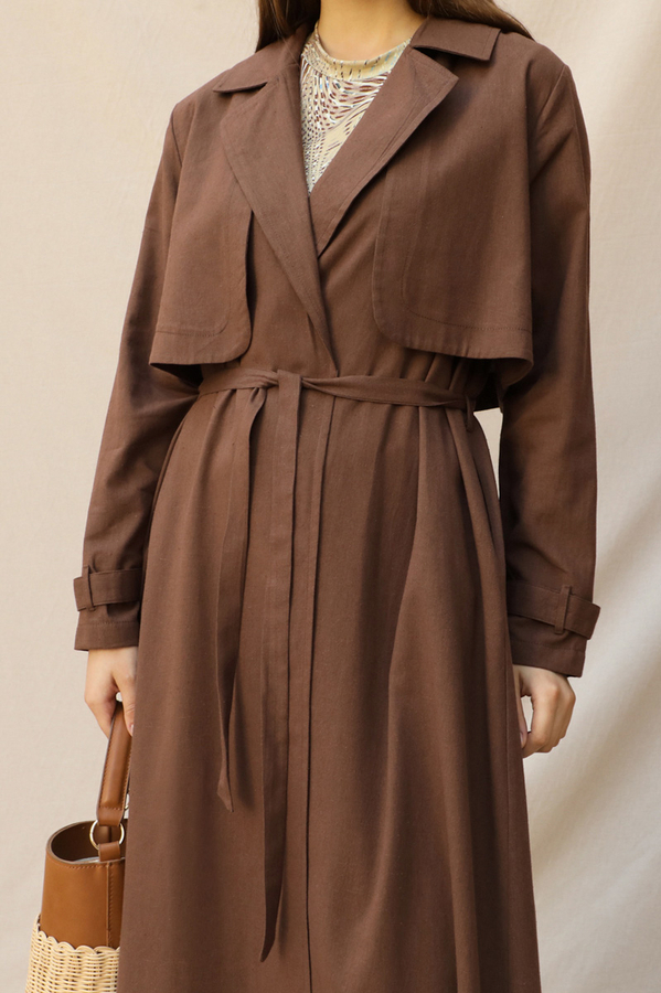 Kuşaklı Uzun Naturel Trençkot Kahverengi - 7