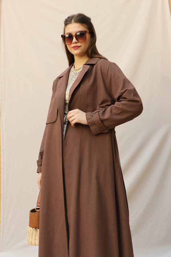 Kuşaklı Uzun Naturel Trençkot Kahverengi - 4