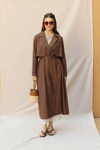 Kuşaklı Uzun Naturel Trençkot Kahverengi - 5