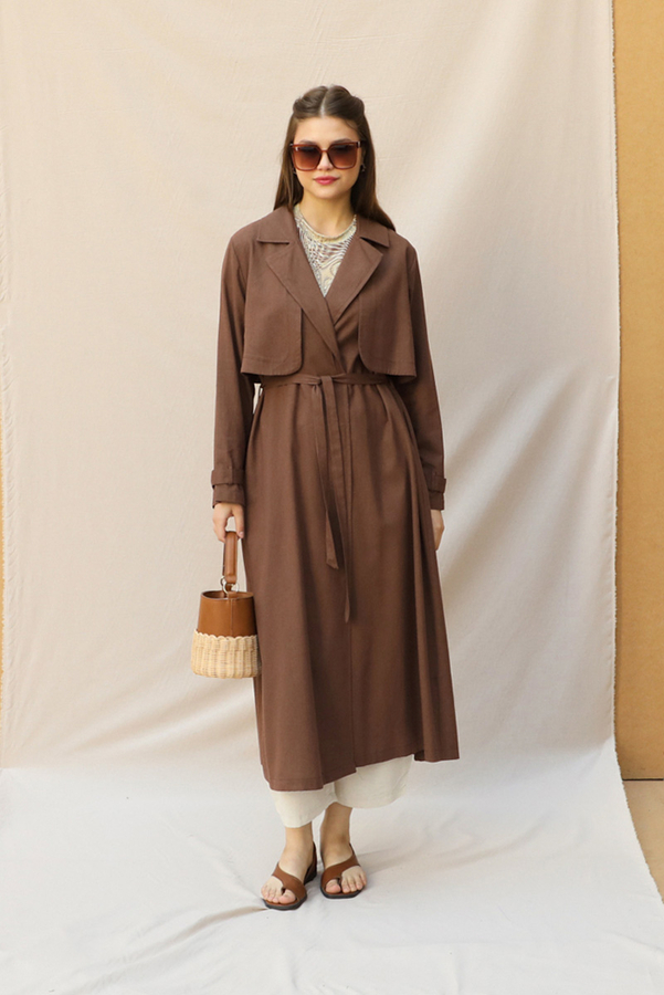 Kuşaklı Uzun Naturel Trençkot Kahverengi - 5