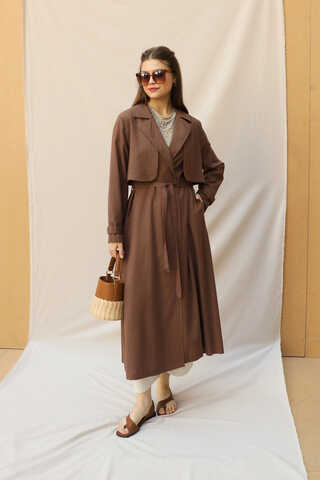 Kuşaklı Uzun Naturel Trençkot Kahverengi - 1