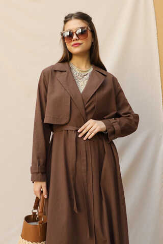 Kuşaklı Uzun Naturel Trençkot Kahverengi - 6