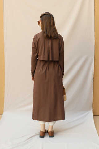 Kuşaklı Uzun Naturel Trençkot Kahverengi - 8