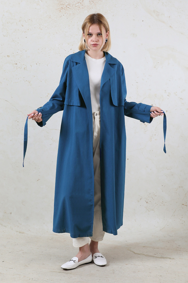 Kuşaklı Uzun Naturel Trençkot Lacivert - 1