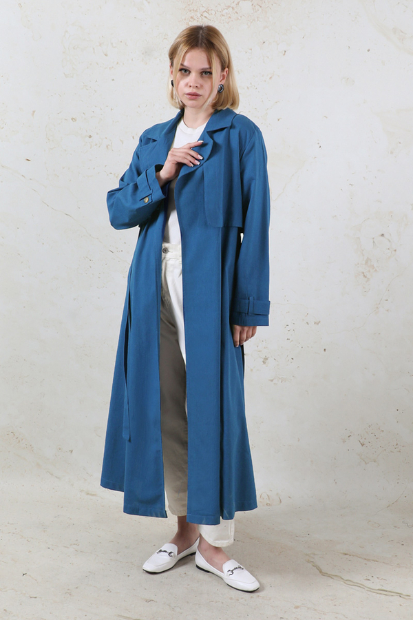 Kuşaklı Uzun Naturel Trençkot Lacivert - 2