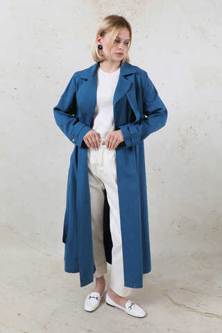 Kuşaklı Uzun Naturel Trençkot Lacivert - 3