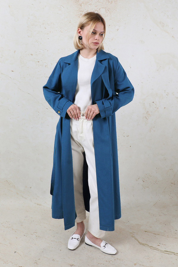 Kuşaklı Uzun Naturel Trençkot Lacivert - 3