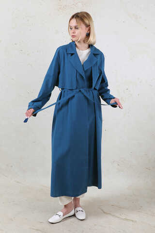 Kuşaklı Uzun Naturel Trençkot Lacivert - 4