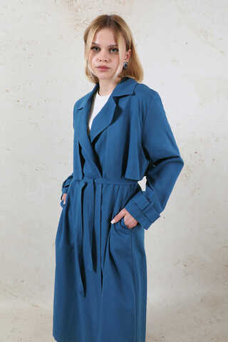 Kuşaklı Uzun Naturel Trençkot Lacivert - 5